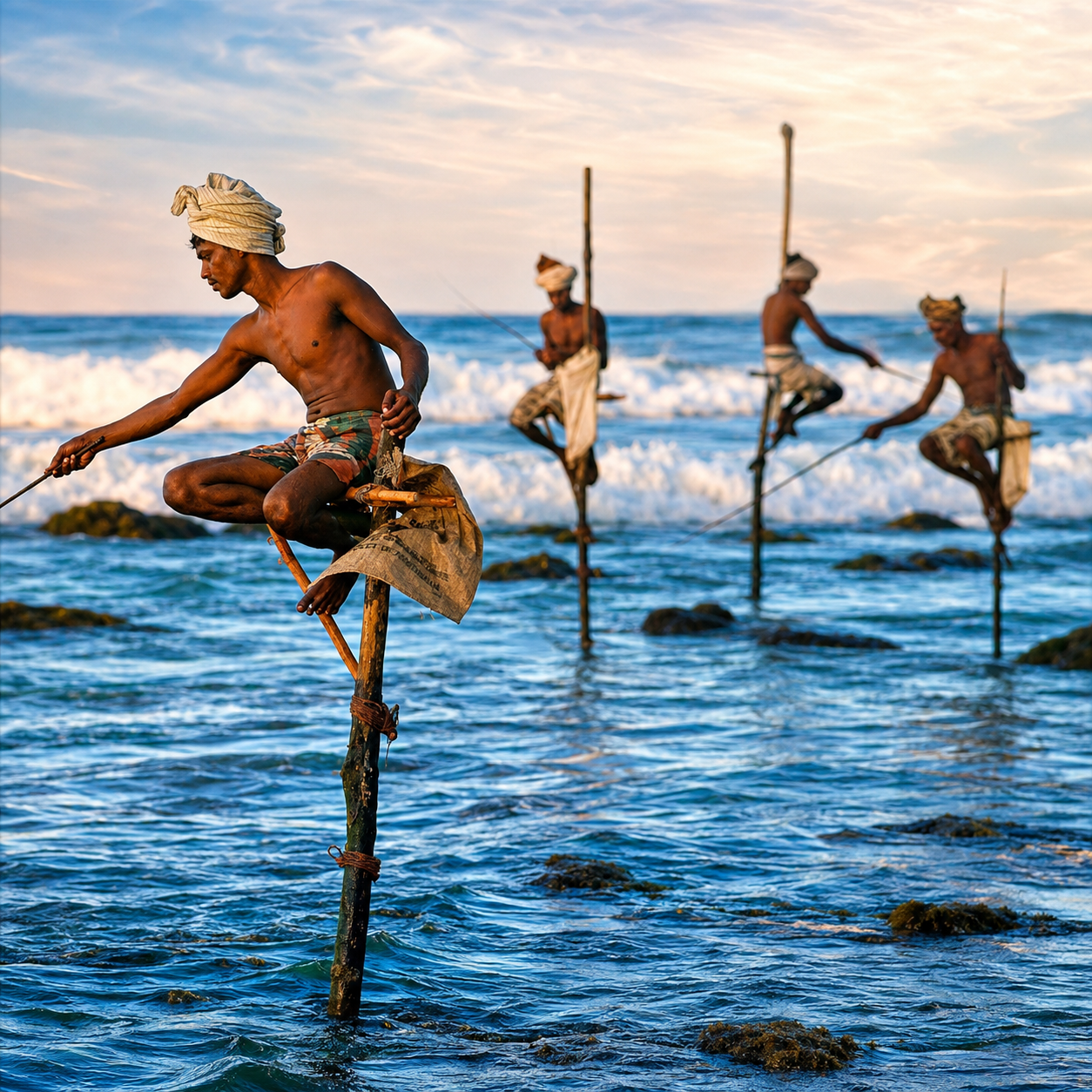 Traditional stilt fishermen along the Weligama coast at sunrise