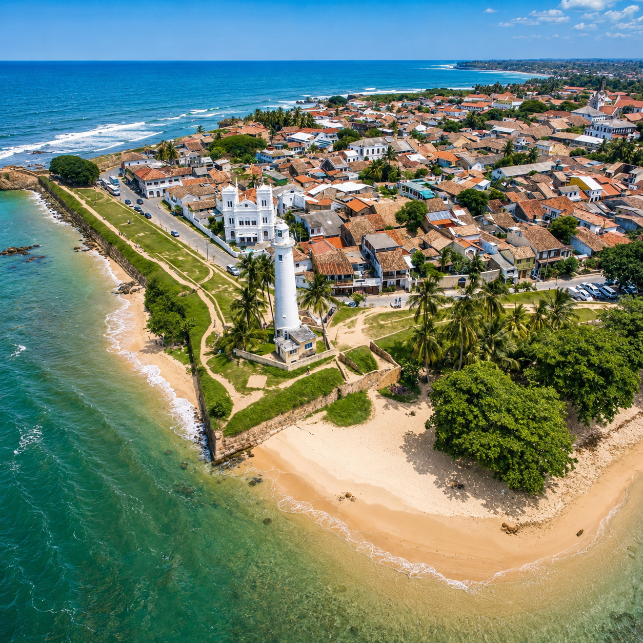 Aerial view of Galle Fort lighthouse and historic ramparts