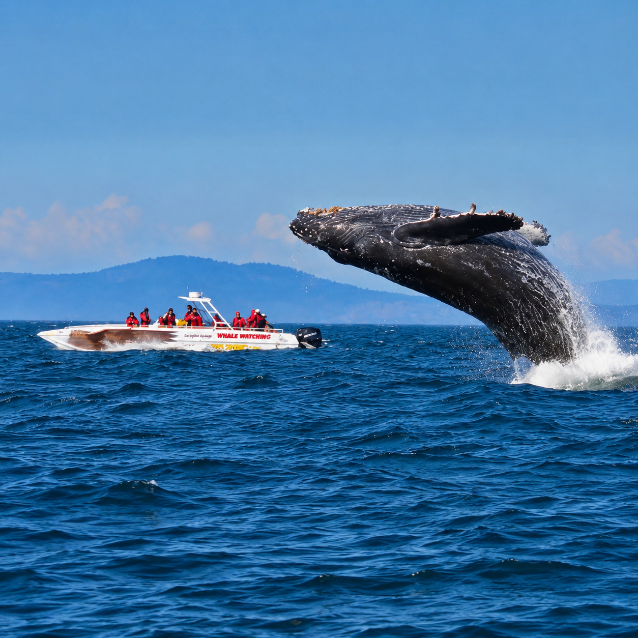 Humpback whale breaching during a whale-watching trip near Mirissa
