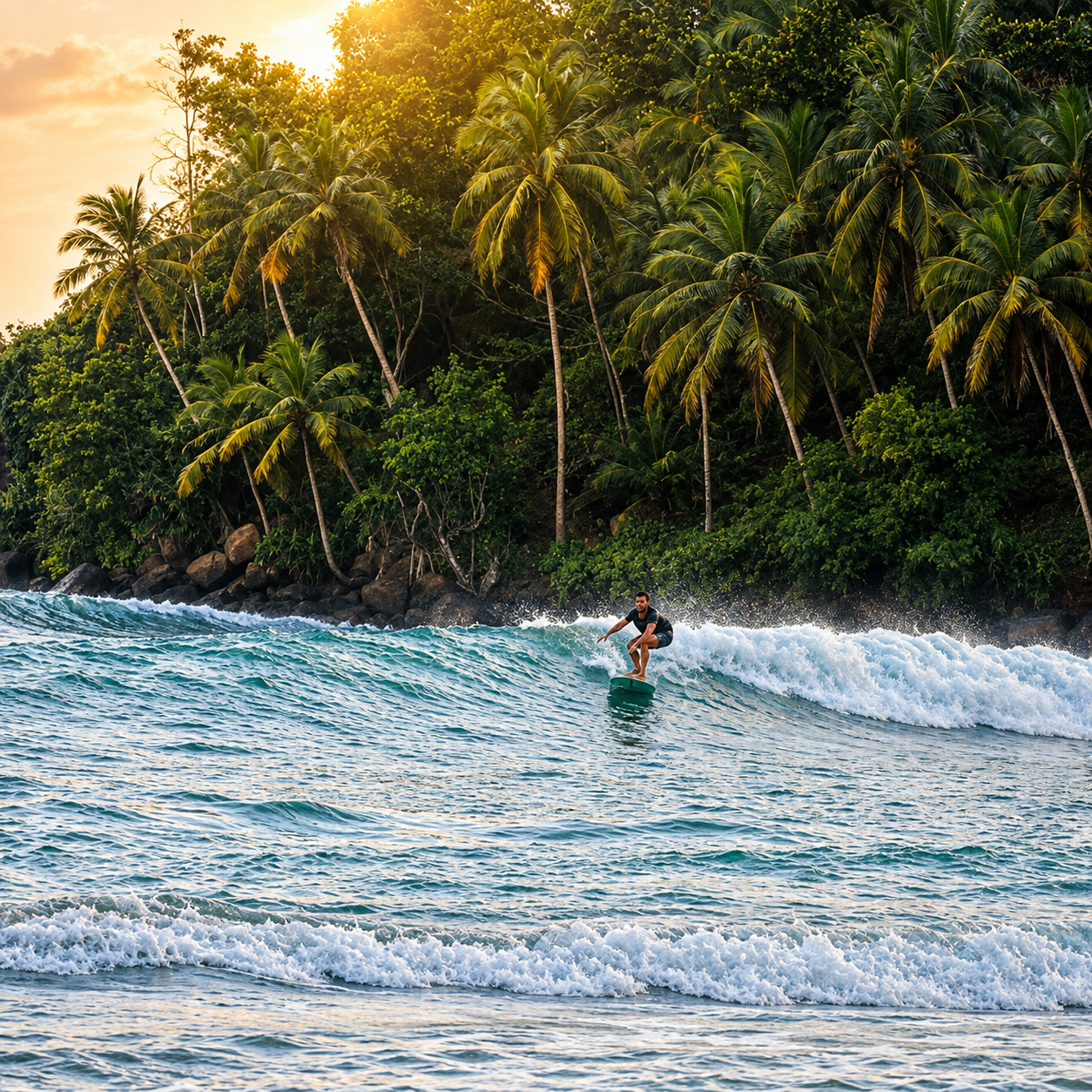 Surfer riding a wave at Midigama with palm-covered coastline