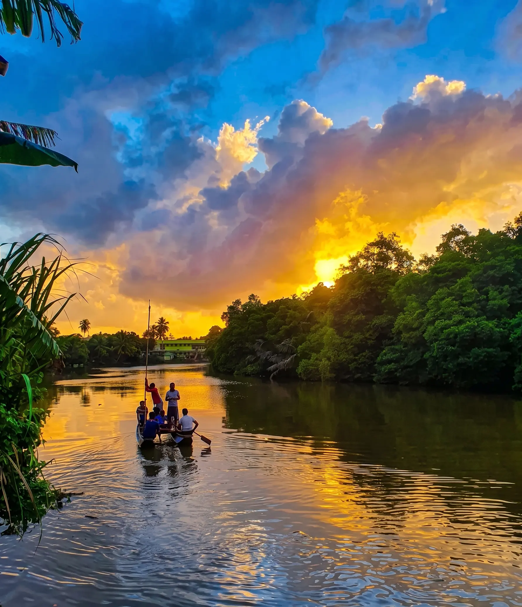 A boat on the river at sunset near Riverwood Villa