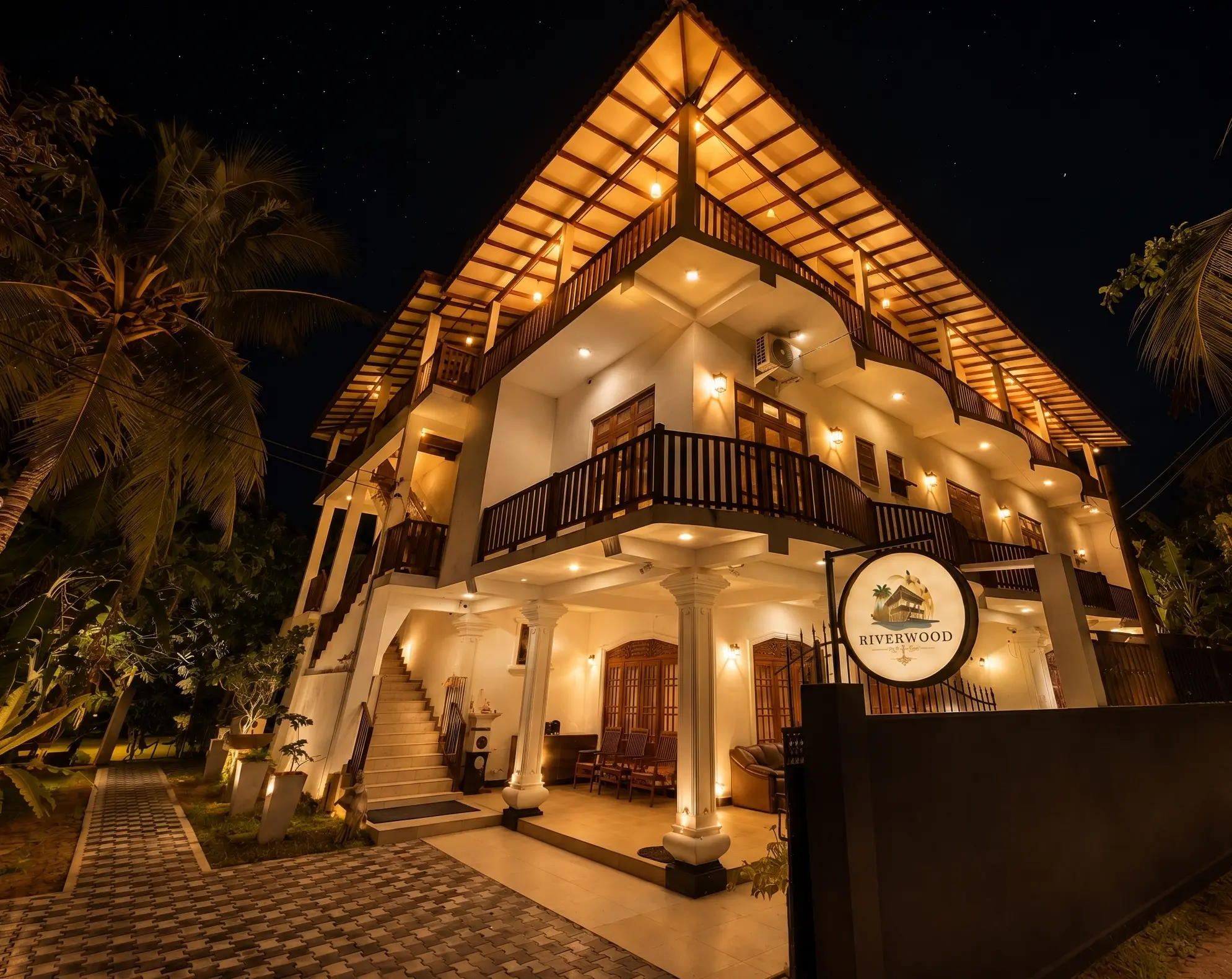 Riverwood Villa illuminated at night